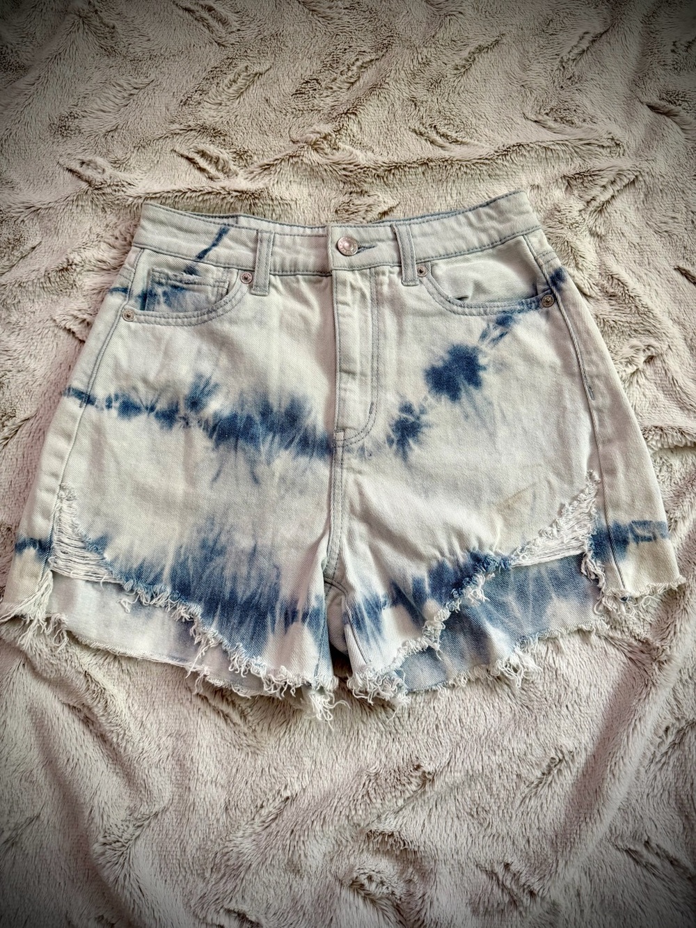 American Eagle Outfitters White Denim Shorts with Blue Tie-Dye